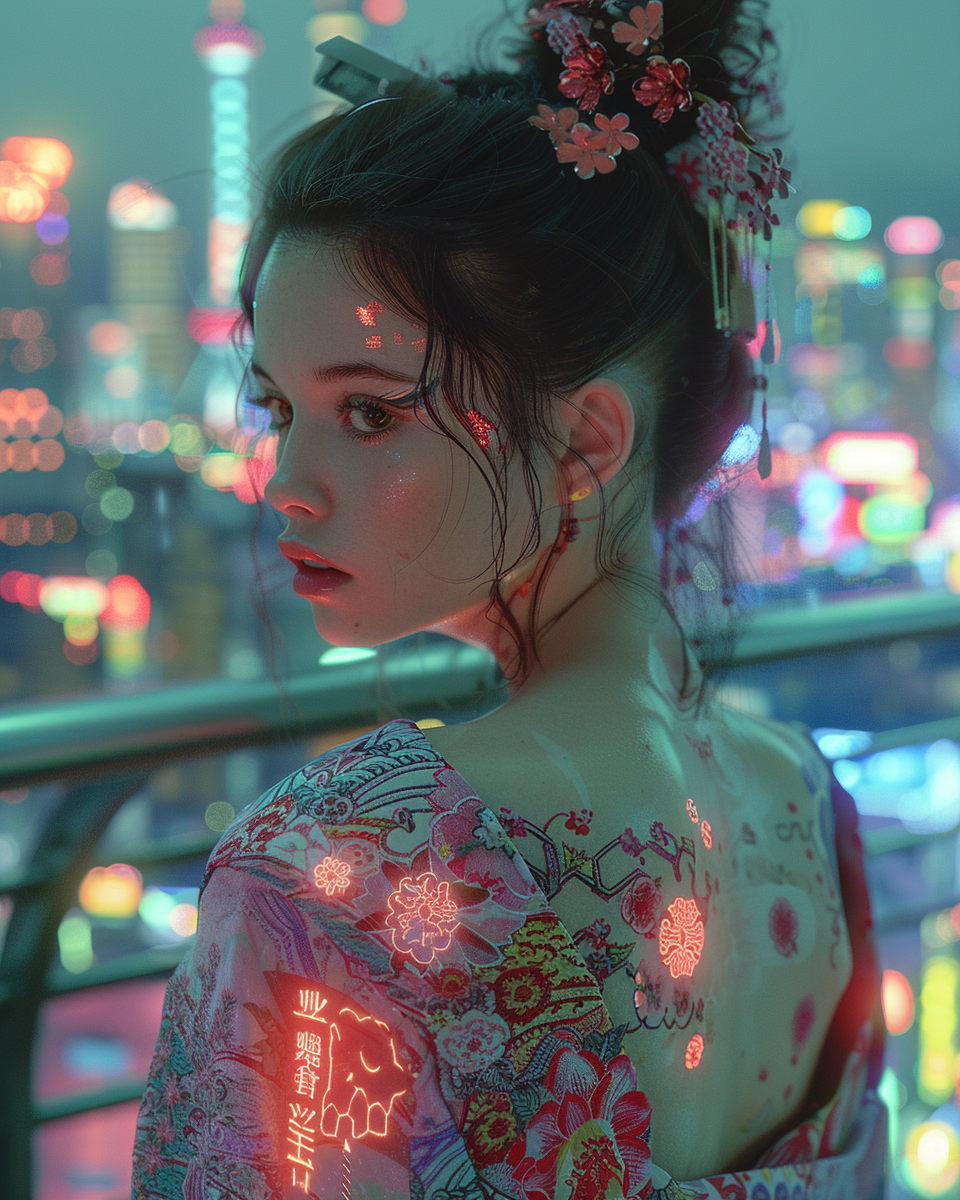 Cyberpunk City Geisha Neon Glow