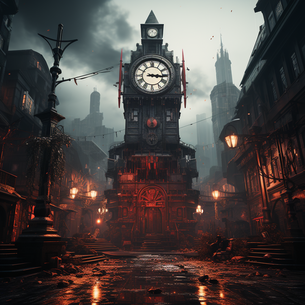 Cyberpunk city clock tower in gloomy ambiance