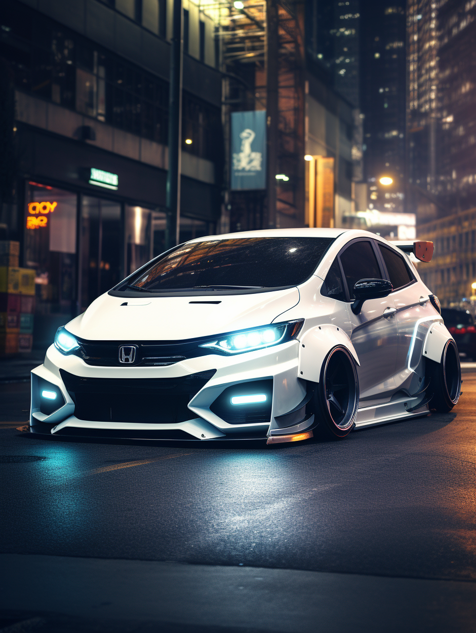 Tuned white Honda Fit in cyberpunk city