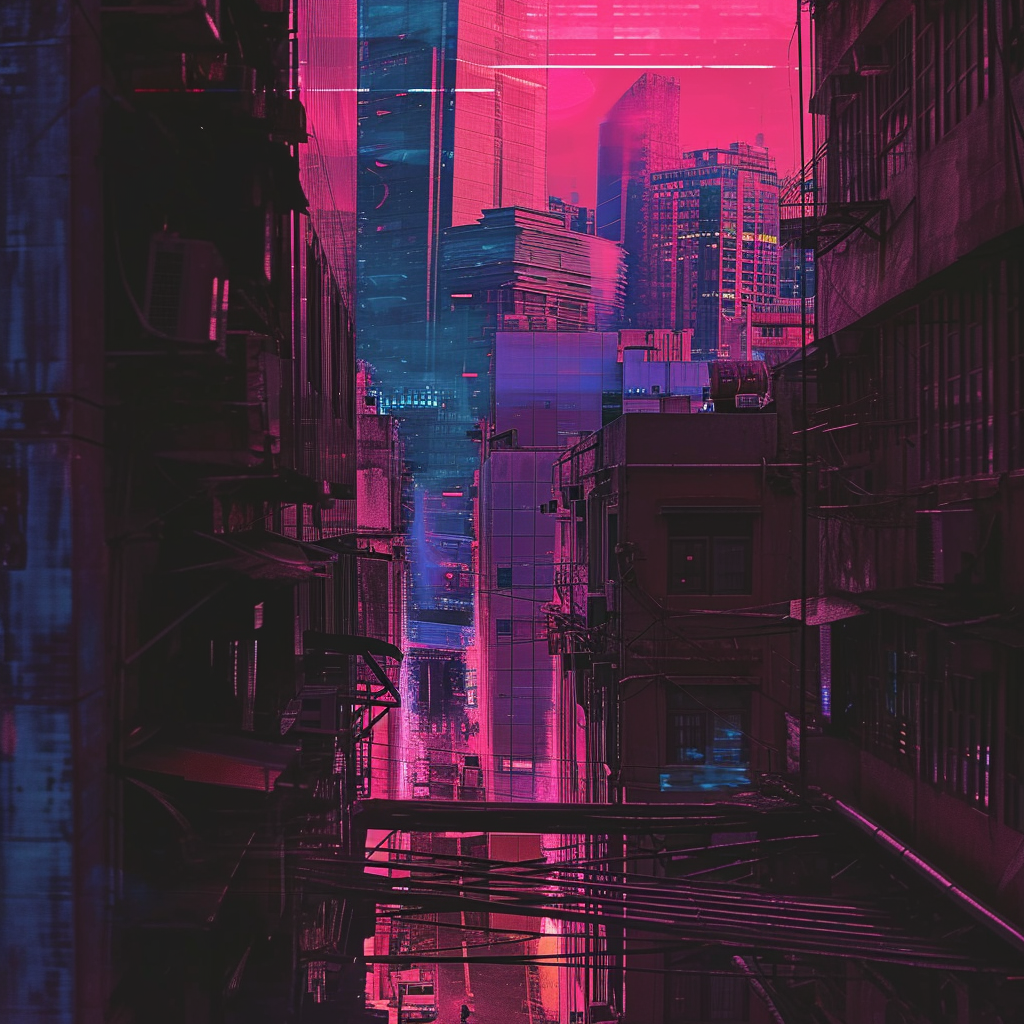 Cyberpunk cityscape with vaporwave colors