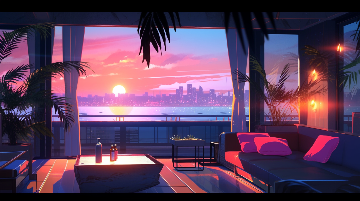 Cyberpunk condo overlooking beach at golden hour