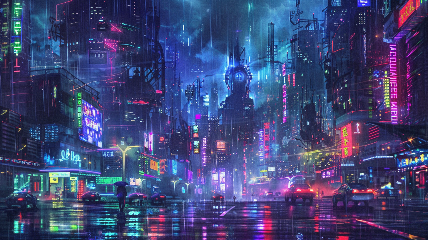 Cyberpunk cozy rain neon cat