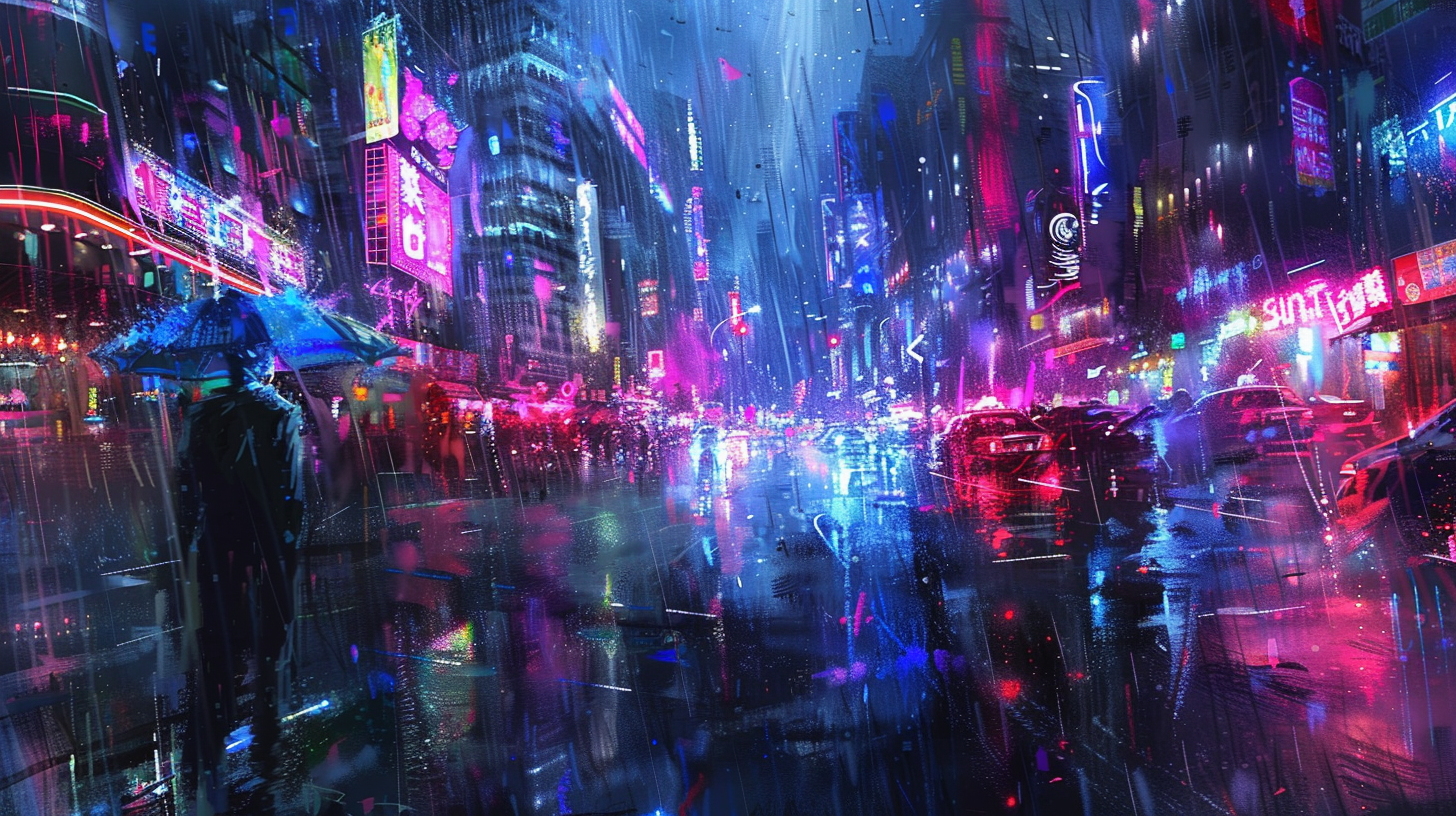 Cyberpunk cozy rain neon lights