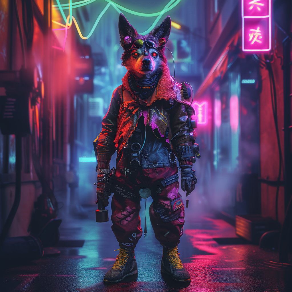 Cyberpunk dog reflecting on mysteries of life