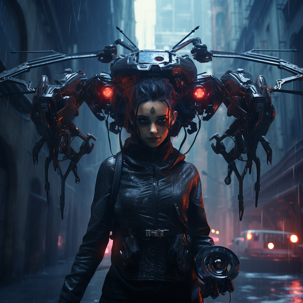 Cyberpunk drone holding shield