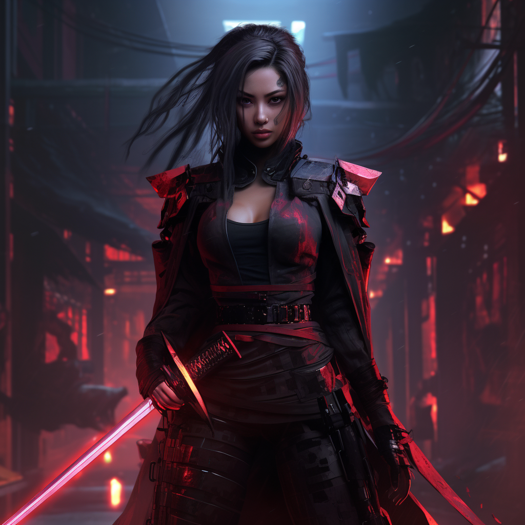 Cyberpunk Female Dark Samurai Red Lightsaber