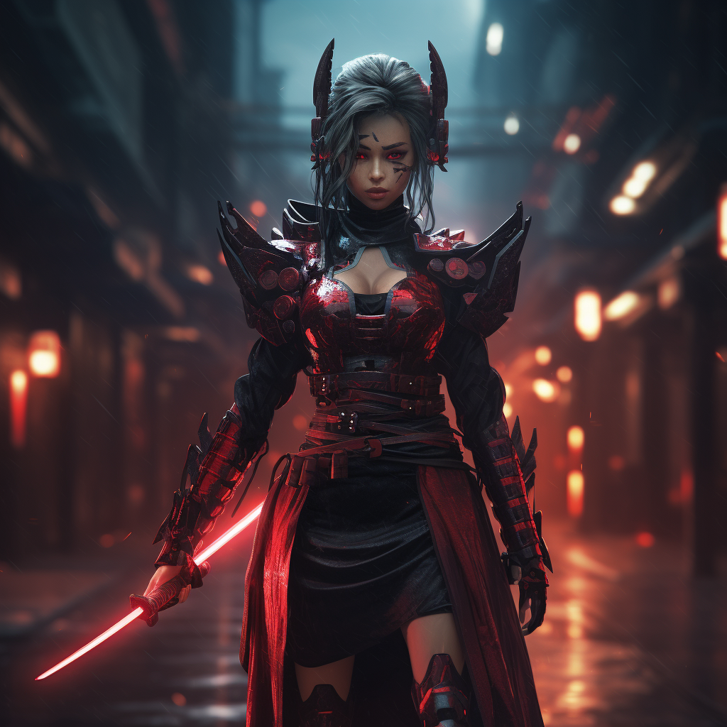 Cyberpunk Female Japanese Dark Samurai with Red Lightsaber