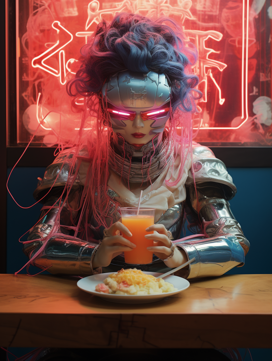 Female enjoying Cyberpunk Noodle Soup