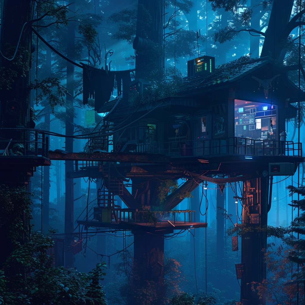 Cyberpunk Futuristic Anime Forest Night Treehouse