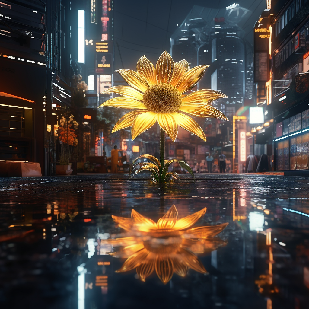 Close-up View of a Sunflower on Cyberpunk Japan City Street