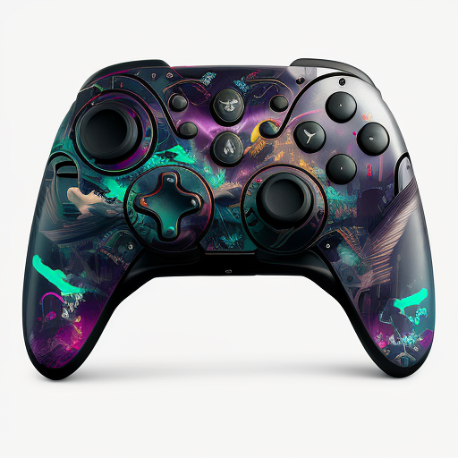 Cyberpunk gaming controller traveling through galaxies