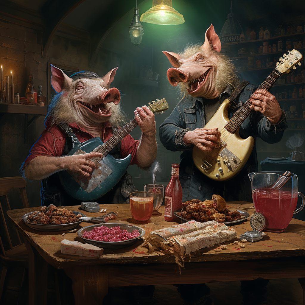 Two giggling cyberpunk pigs rocking out with an electric guitar