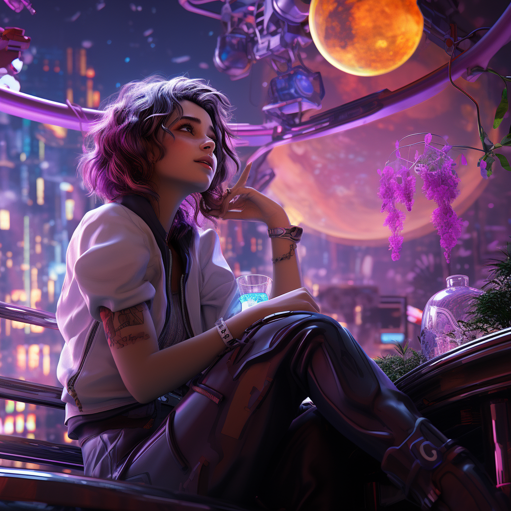 Cyberpunk girl eating eggplant dinner dream