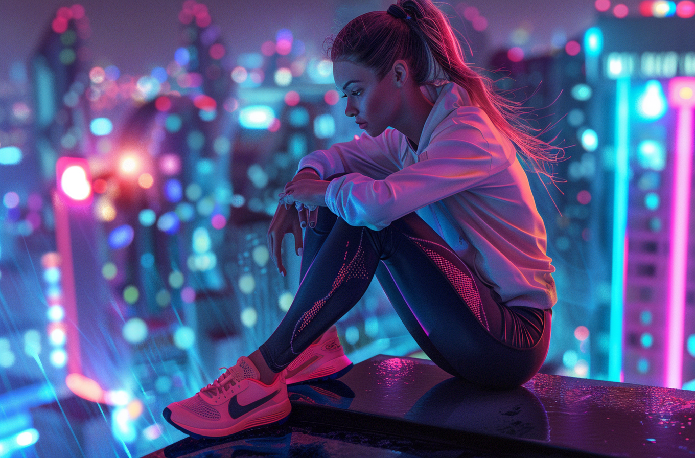 Cyberpunk girl on rooftop city lights