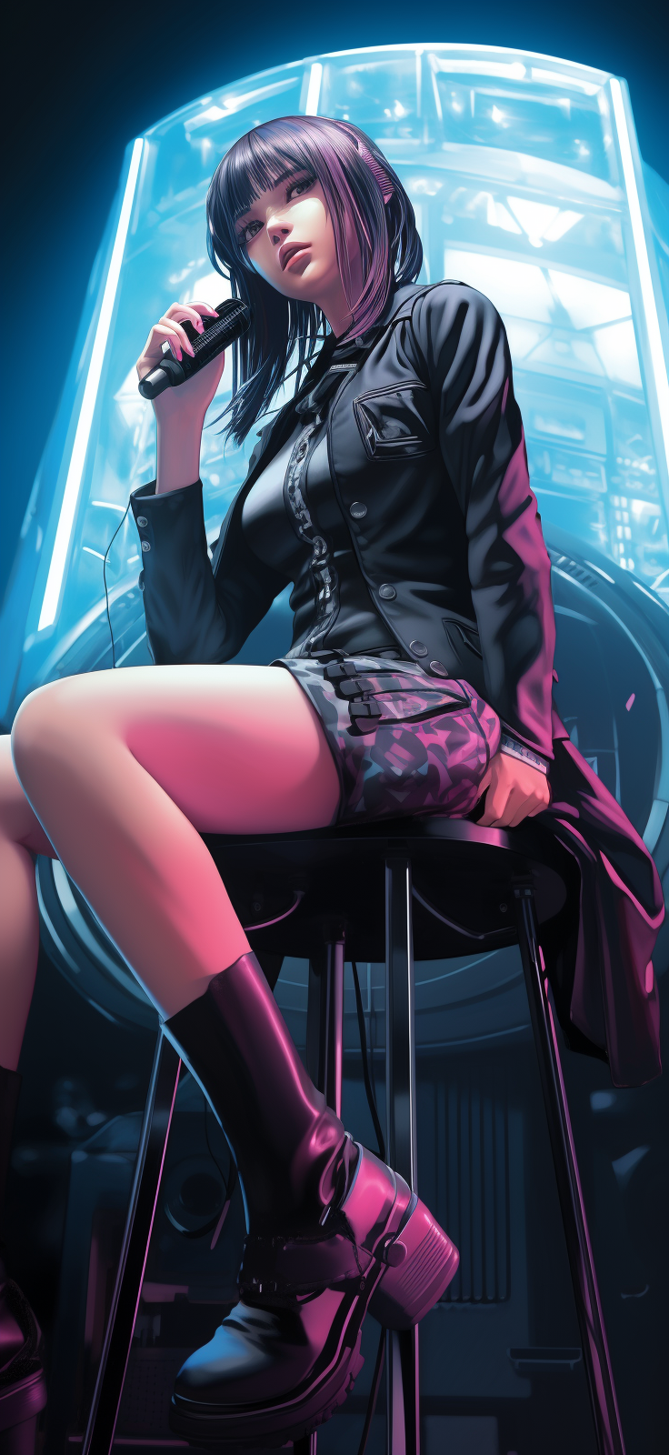 Girl in Cyberpunk Style Sitting by Microphone