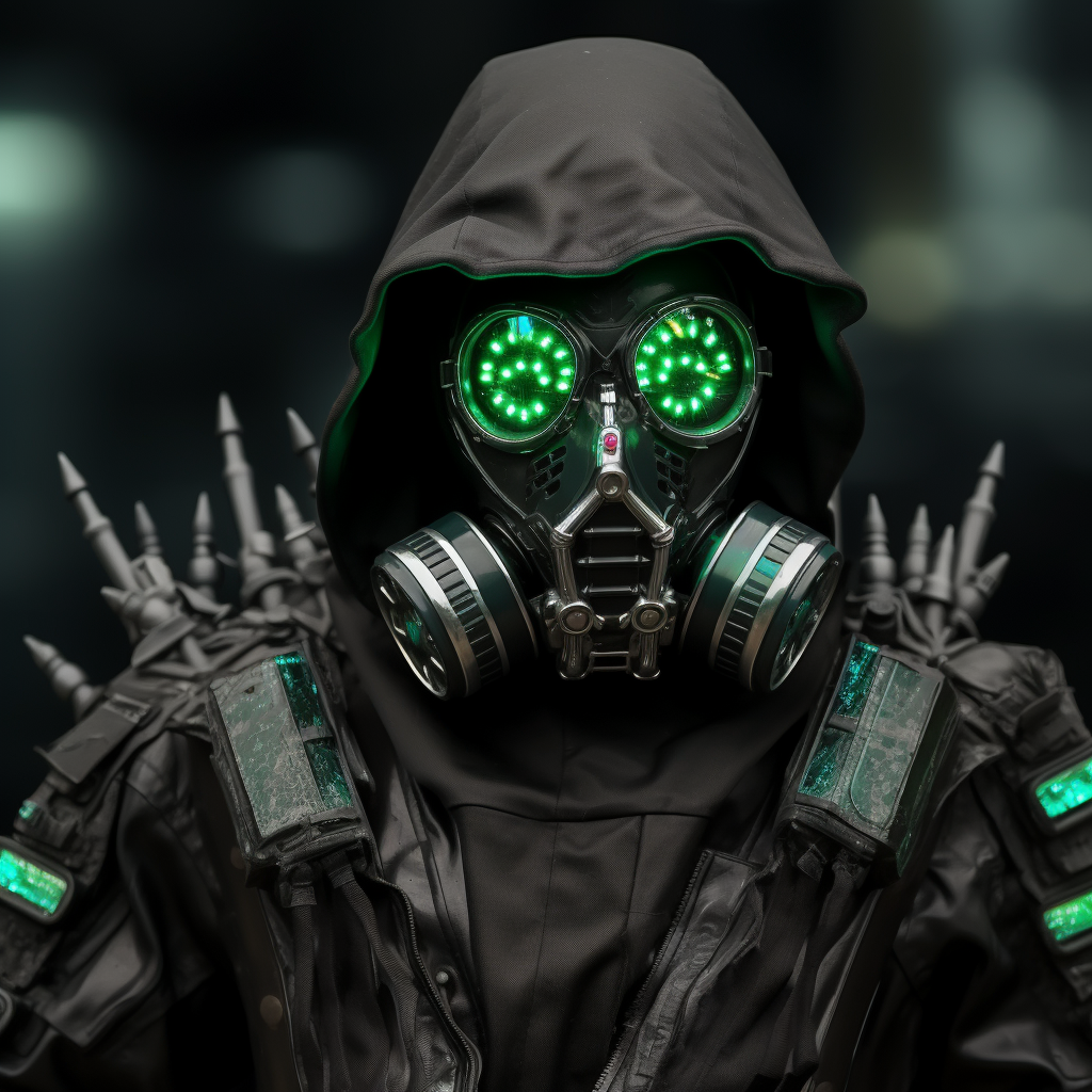 Female wearing cyberpunk hazmat suit with wolf insignia