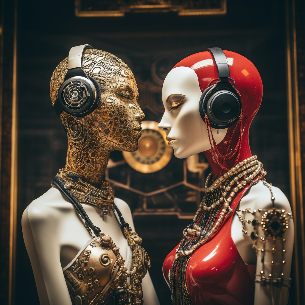 Two cyberpunk mannequins wearing gold jewellery and headphones