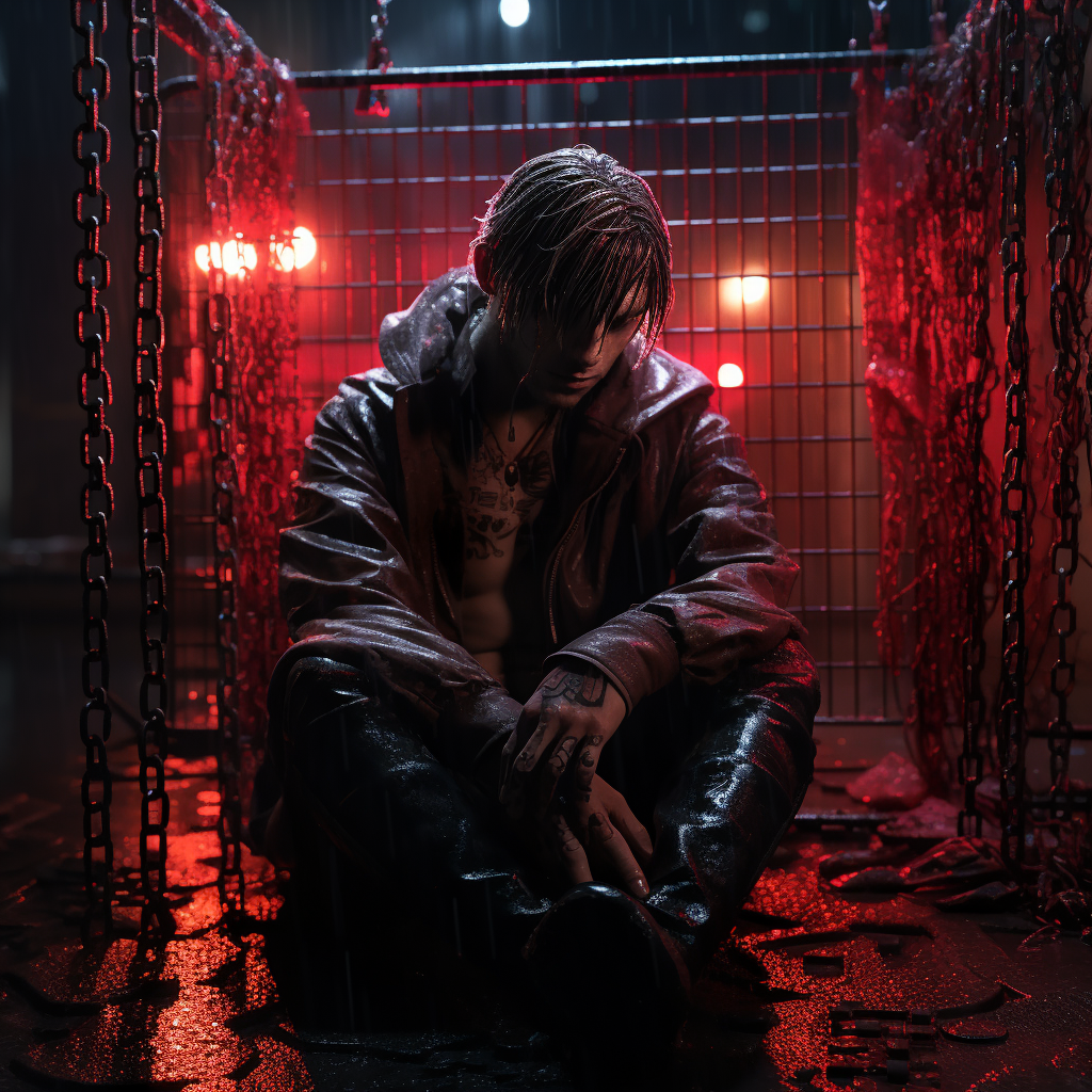 Cyberpunk homeless hacker in a cage