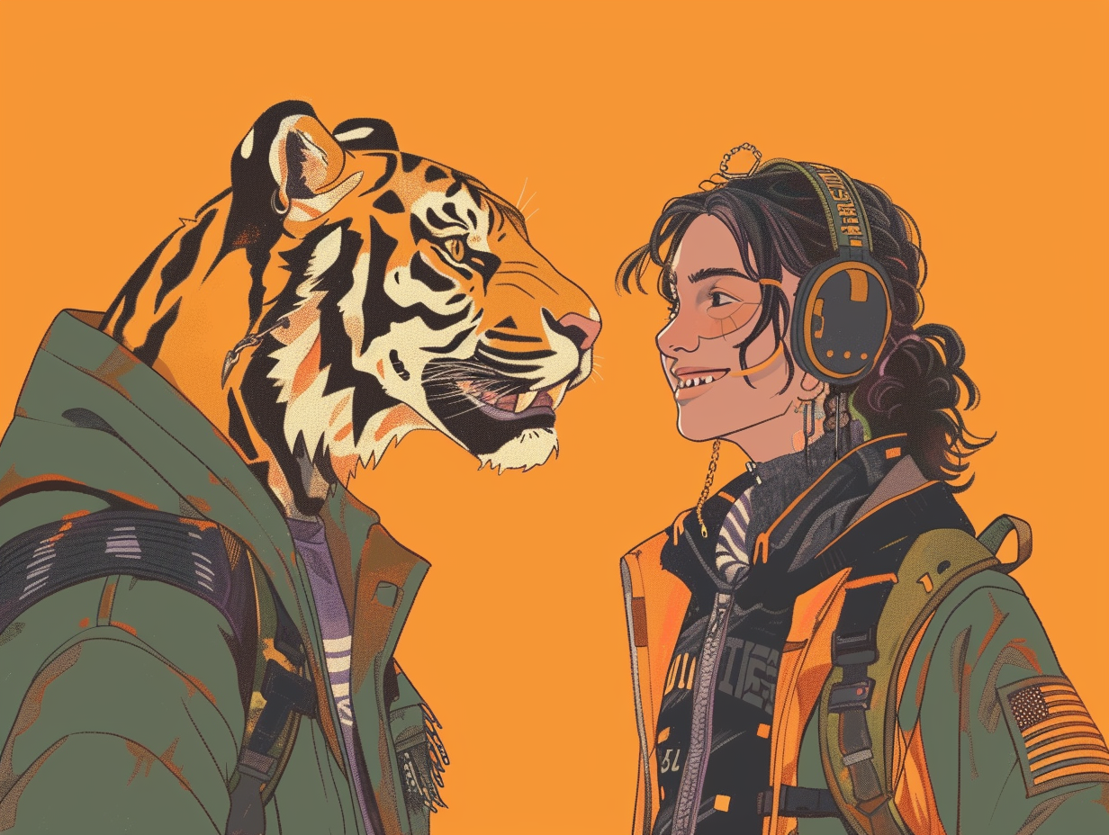 Cyberpunk teenage girl with wise tiger companion