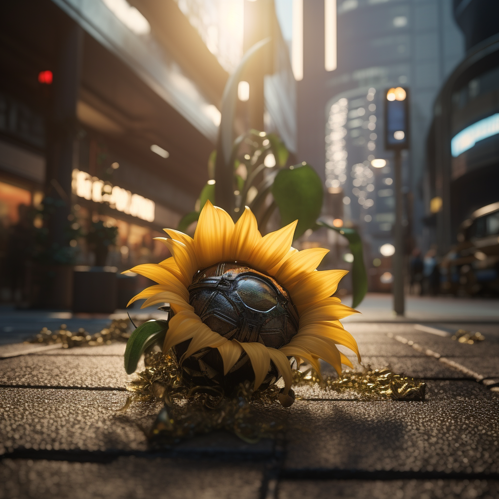 Close-up of Ultrarealistic Cyberpunk Japan Sunflower