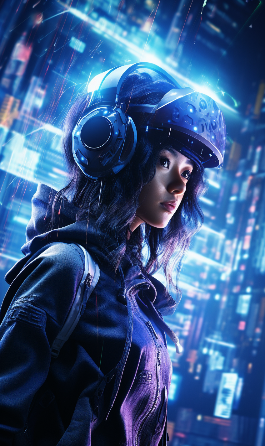 Japanese girl cyberpunk hacker in virtual reality