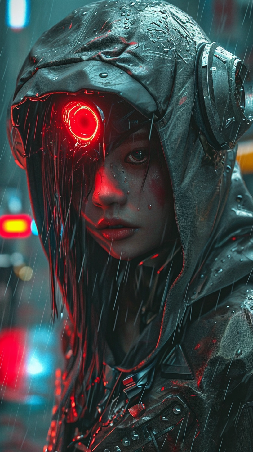 Cyberpunk Japanese girls crying in submerged city