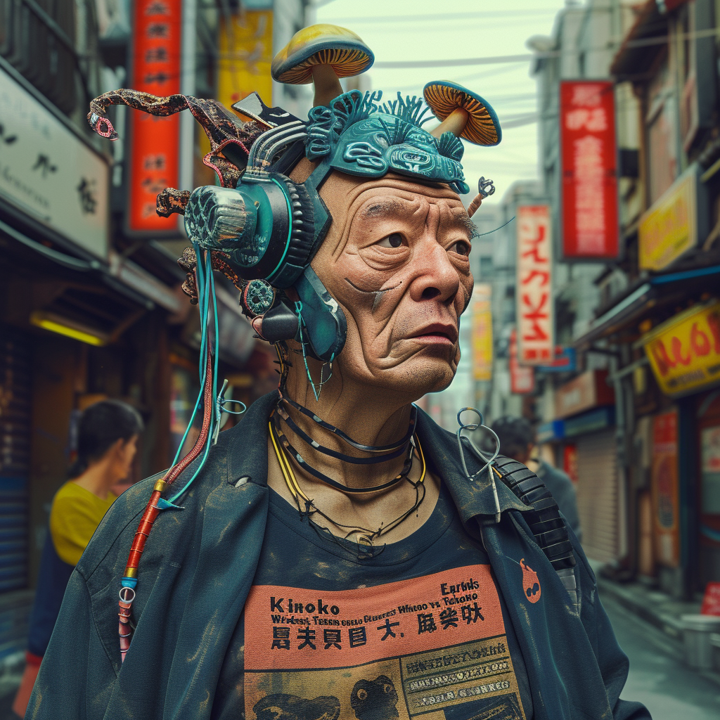 Cyberpunk Japanese man in dystopian metropolis