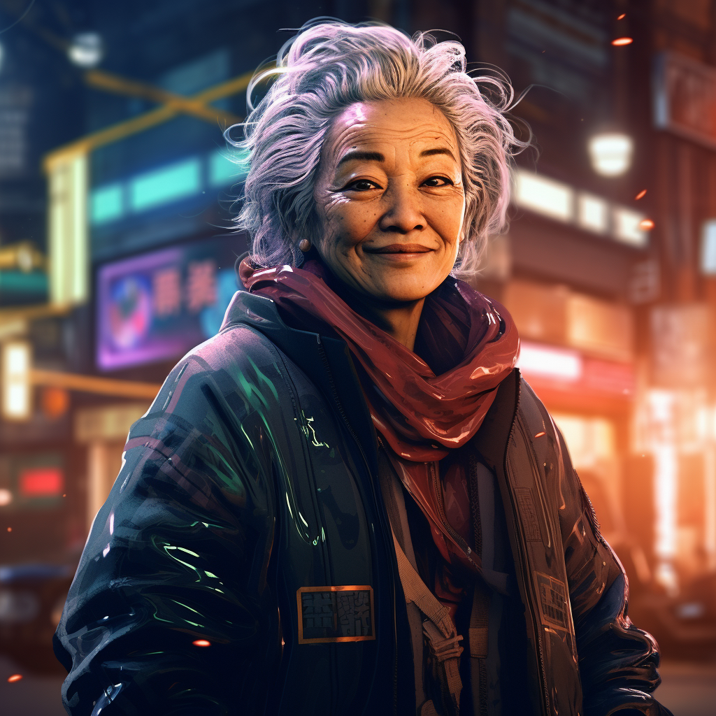 Smiling Cyberpunk Japanese Old Woman at Night