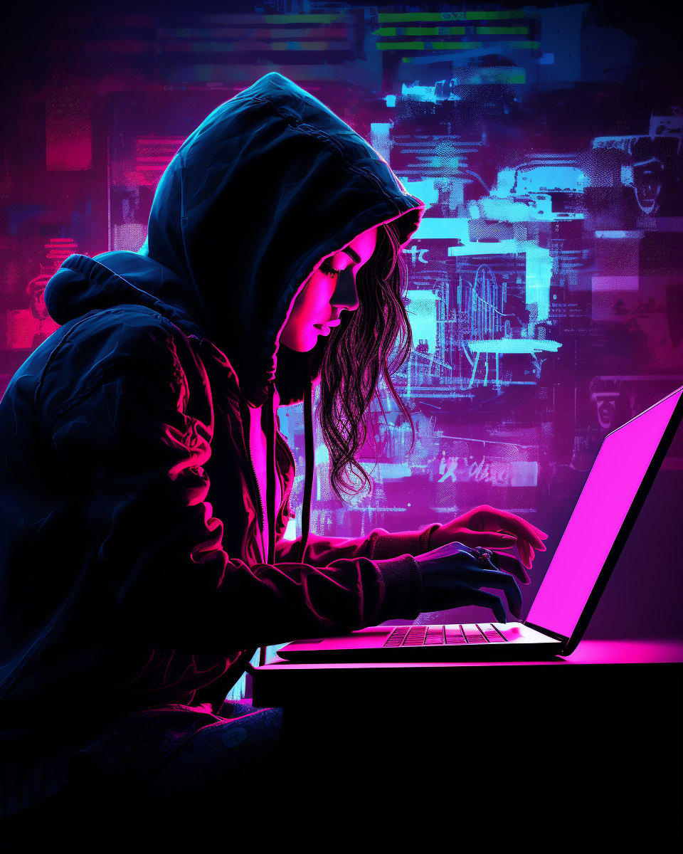 Neon cyberpunk laptop hologram of a female silhouette