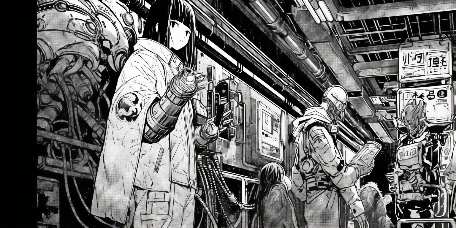 Cyberpunk manga mutants and robots artwork