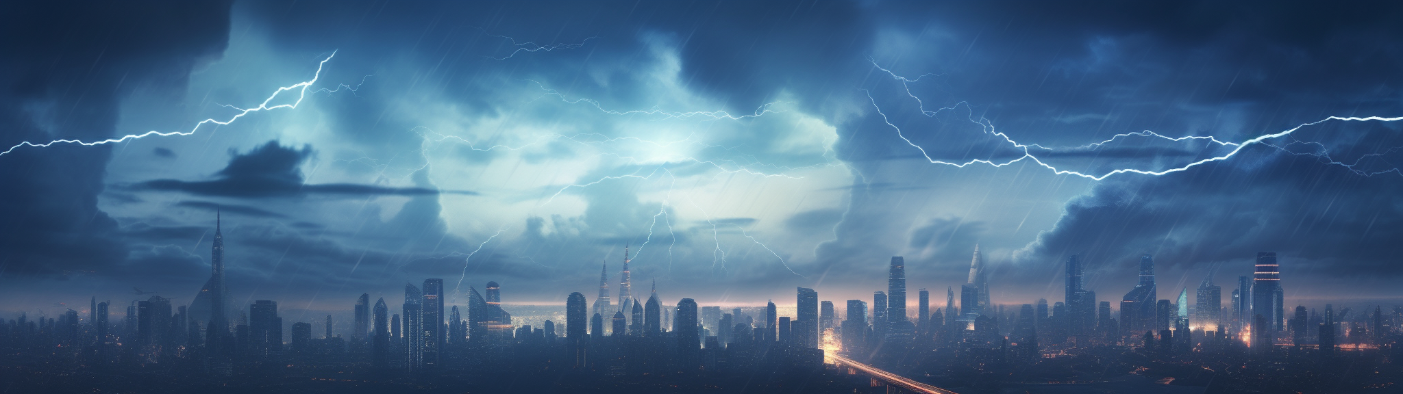 Panoramic view of cyberpunk megacity during thunderstorm