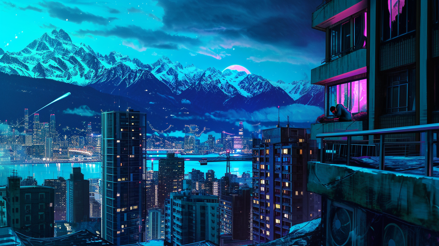 Cyberpunk Metropolis Dusk Mountain Ocean View