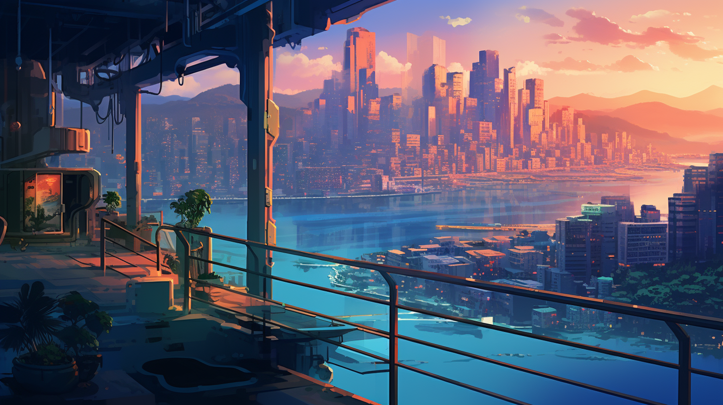 Cyberpunk Metropolis Dusk Balcony Mountains Ocean