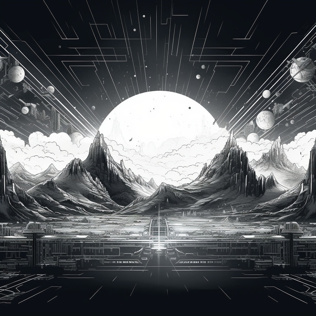 Hand-drawn black and white cyberpunk mountain skyline