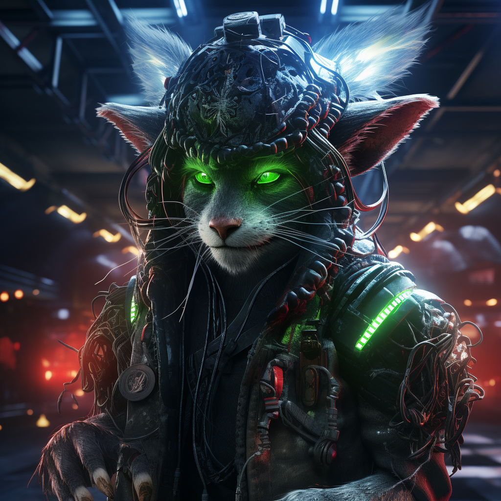 Cyberpunk mouse dressed as Grinch in data center