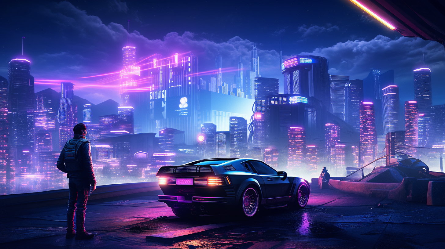 Cyberpunk Movie Night City with Men and Delorean Car