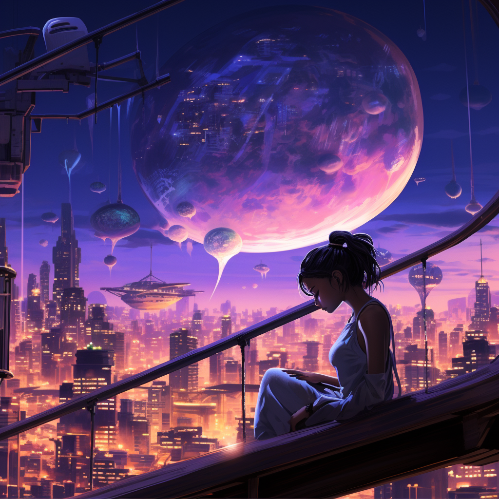 Cyberpunk girl dreaming of eggplant in neon city