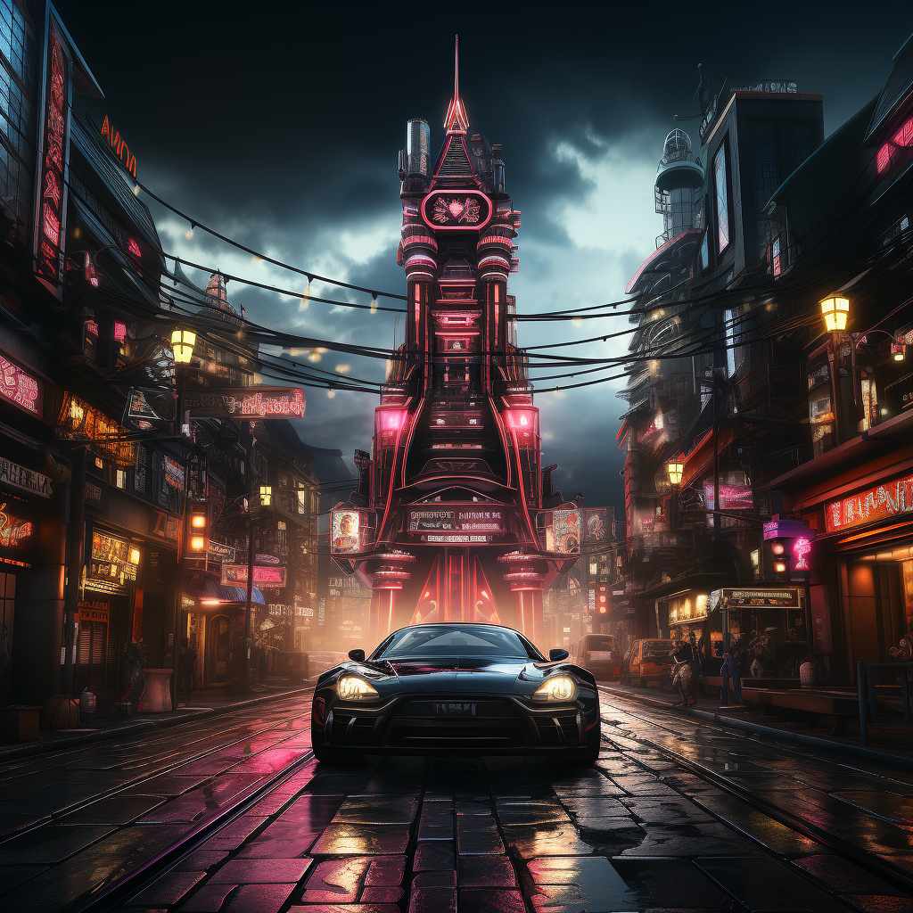 Neon clock tower in cyberpunk city