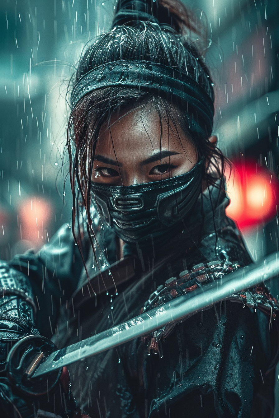 Cyberpunk Ninja Girl in Rain