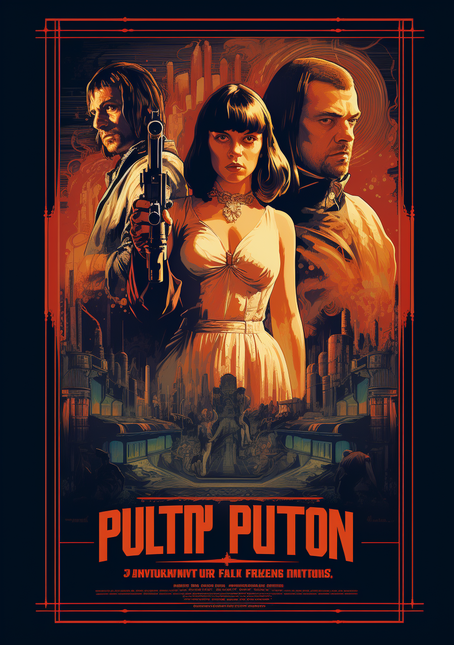 Cyberpunk pulp fiction poster with introspective vibes