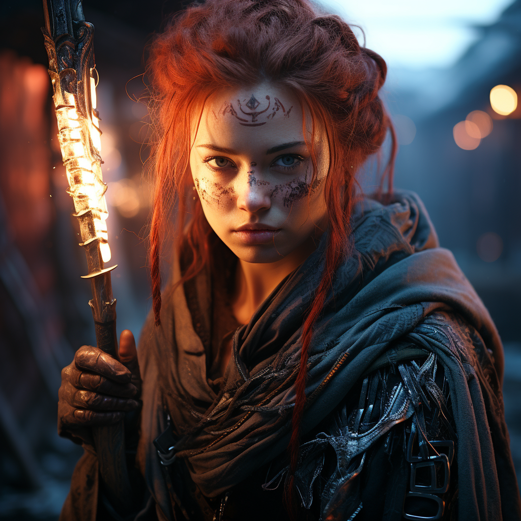 Desperate glance of cyberpunk redhead shaman with katana