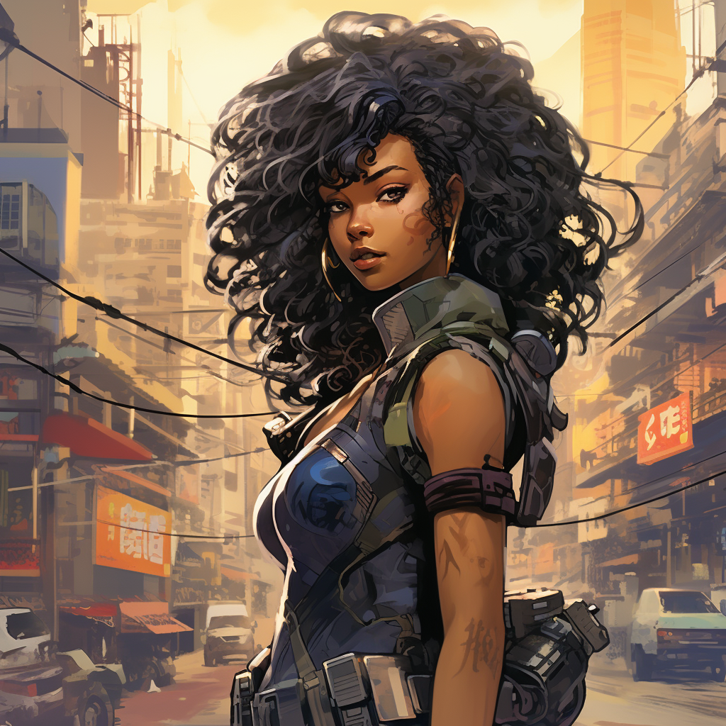 Cyberpunk anime illustration of a half Japanese and half black woman with curly hair