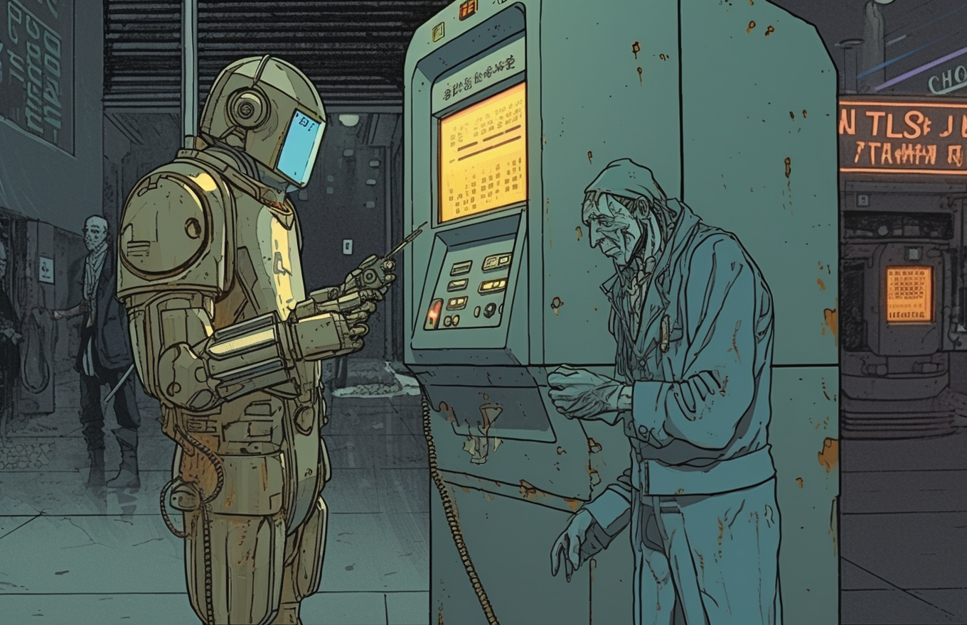 Cyberpunk robot withdrawing cash from ATM