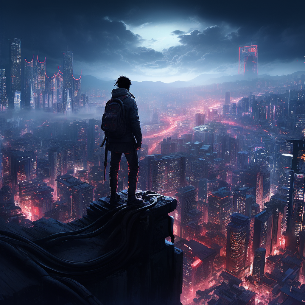 Cyberpunk samurai overlooking the city