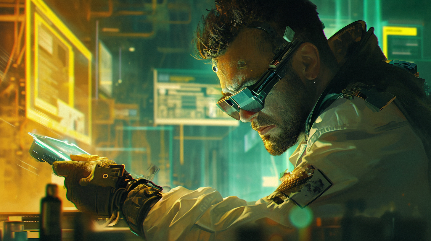 Cyberpunk scientist working with high-tech device