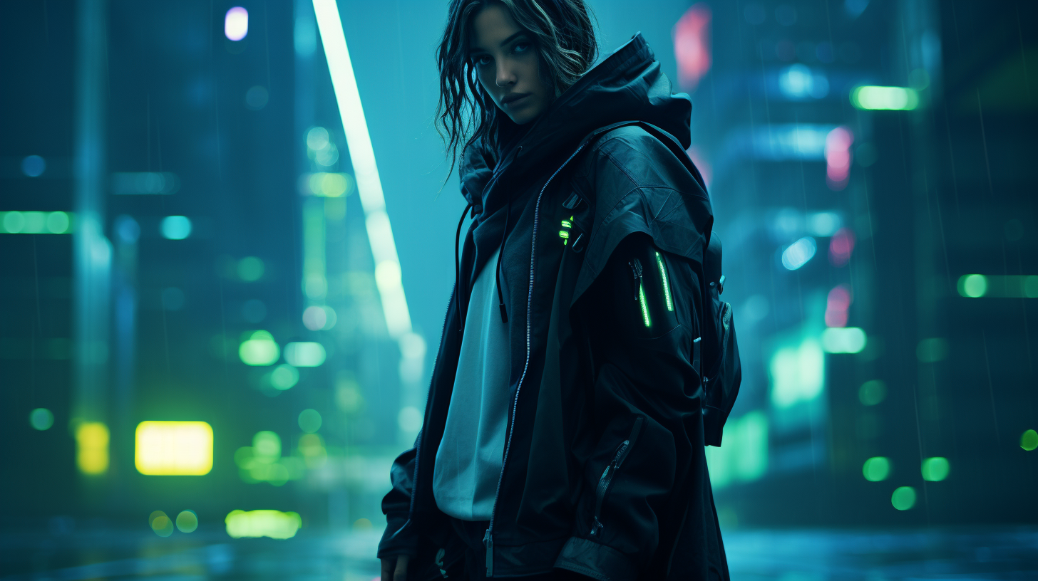 Cyberpunk fashion pose with dynamic streetwear vibe