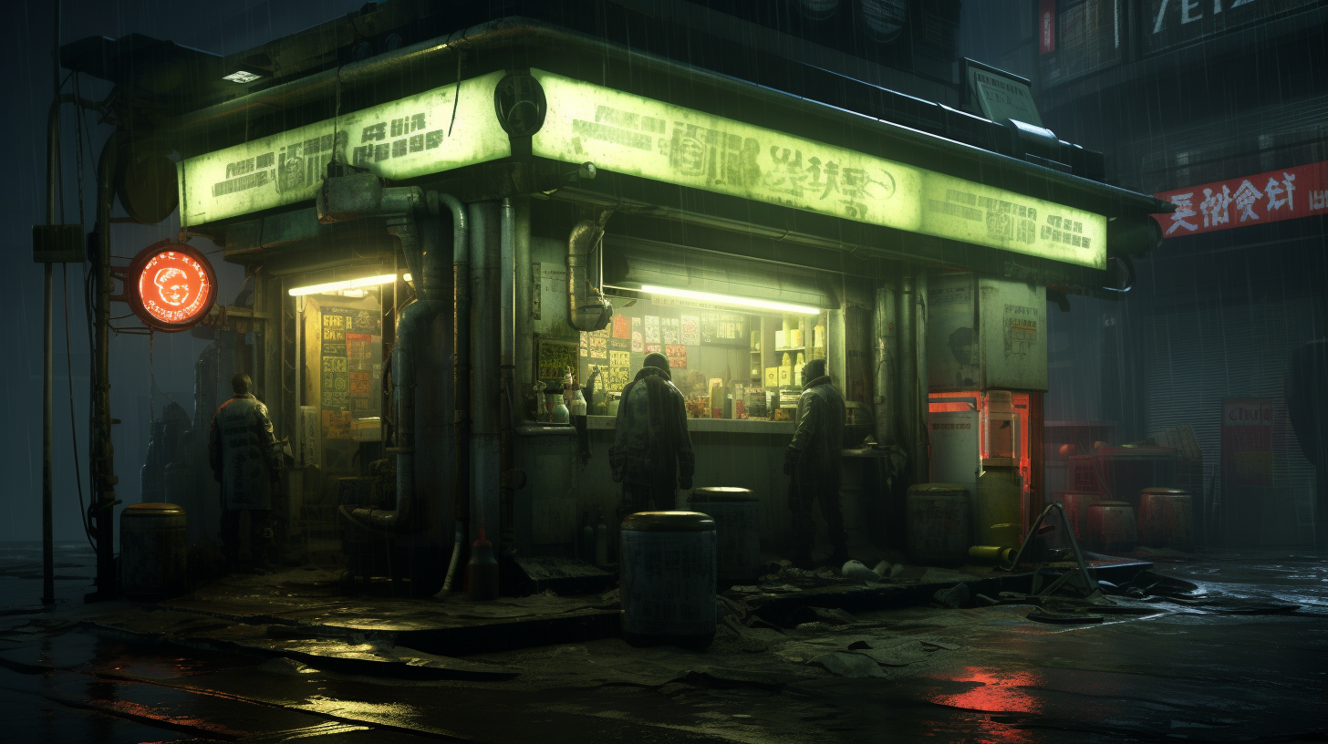 Concept art of small shop in cyberpunk city