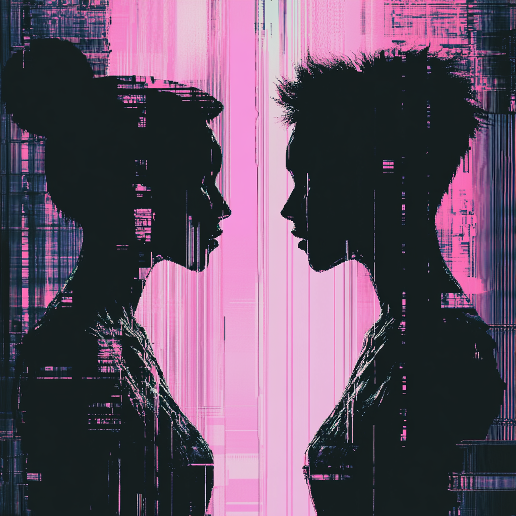 Two Androgynous Silhouettes Cyberpunk Scene