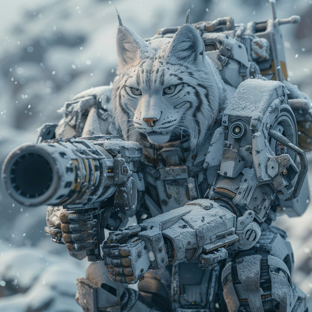 Snow lynx in cyberpunk armor