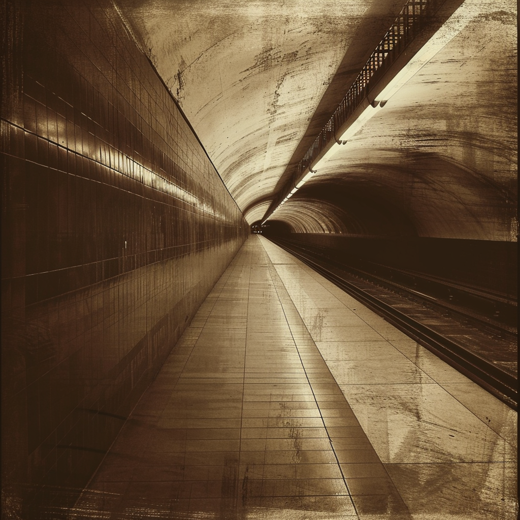 Cyberpunk subway station in grainy sepia tones